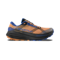 The La Sportiva Prodigio Max Women's running shoe, featuring vibrant orange and blue colors with black accents, is displayed in side profile on a plain white background—showcasing the innovative max cushion design tailored for ultra-distance trail running.