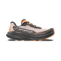 The La Sportiva Prodigio 2 Women’s running shoe is showcased in a beige and black colorway with striking orange accents, featuring a thick black sole and prominent “La Sportiva” branding along the side. Designed for daily training, this shoe is displayed in a side profile against a white background.
