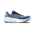 Blue and grey La Sportiva Prodigio 2 GTX Women’s waterproof trail running shoes featuring a thick white midsole and treaded outsole.
