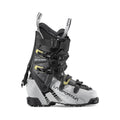 The La Sportiva Sender Women's alpine touring boot in grey, black, and yellow features multiple buckles and a high cuff, ideal for lightweight ski boot fans or freeride touring, shown against a white background.