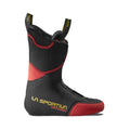 Le chausson La Sportiva Sender, présenté de profil, est un chausson de remplacement noir et rouge pour les chaussures de ski alpinisme, avec un marquage jaune, un design ergonomique et des boucles supérieures pour une manipulation aisée.