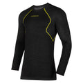 The La Sportiva Wool40 Aero Long Sleeve Men's is a black technical base layer with yellow accents and chest logo, ideal for winter aerobic activities, shown on a white background.