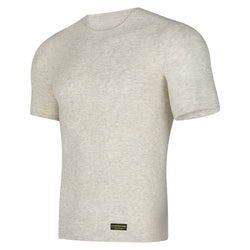 The La Sportiva Silk Reflect T-Shirt is a light beige short-sleeve tee with a round neckline, seamless Native Technology for comfort, and a small black and gold label by the bottom hem, shown on a white background.