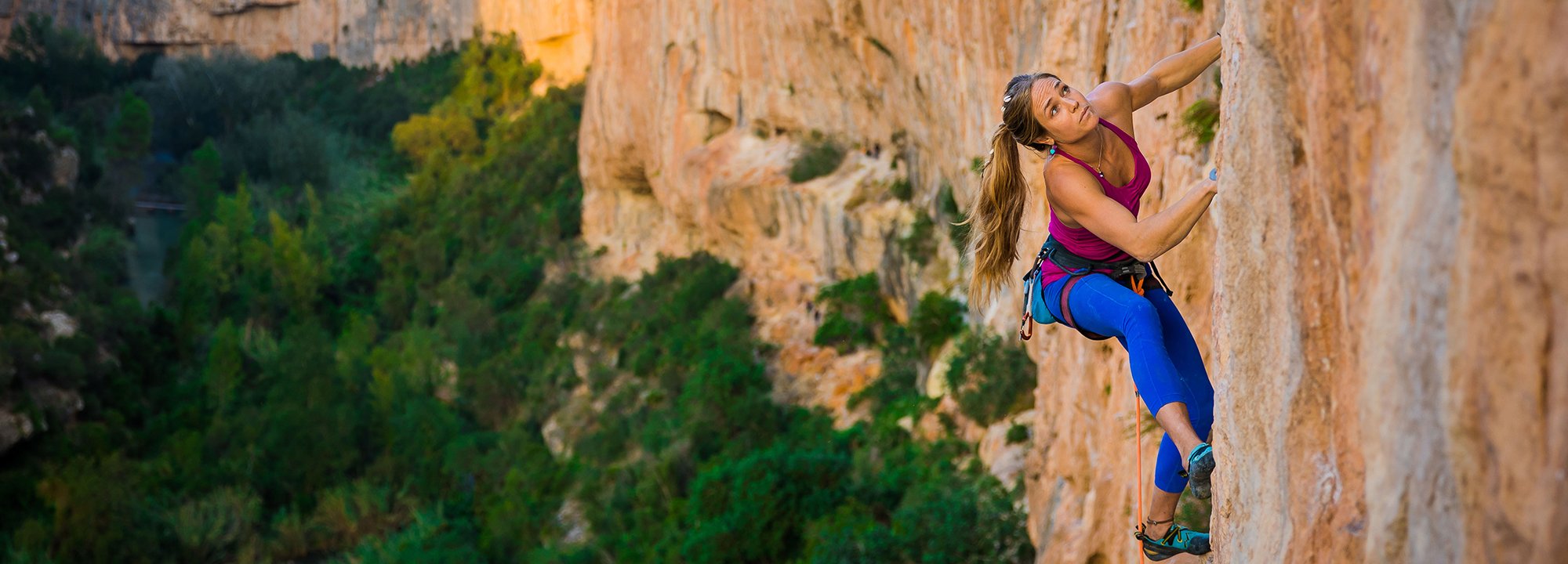 Person rock climbing on a cliff with greenery in the background