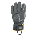 Les gants de ski de randonnée La Sportiva sont des gants noirs isolés avec des bordures jaunes, un graphique de montagne sur le dos et une sangle de poignet. Montrés avec la paume vers le bas, ils sont idéaux pour les skieurs de l'arrière-pays.