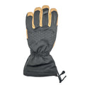 Les gants La Sportiva Alpine Guide Leather Gloves en noir et tan sont dotés d'une paume texturée, d'un poignet élastique et d'un cordon de serrage réglable. Représentés paume vers le haut sur fond blanc, ces gants durables offrent une protection de premier ordre.